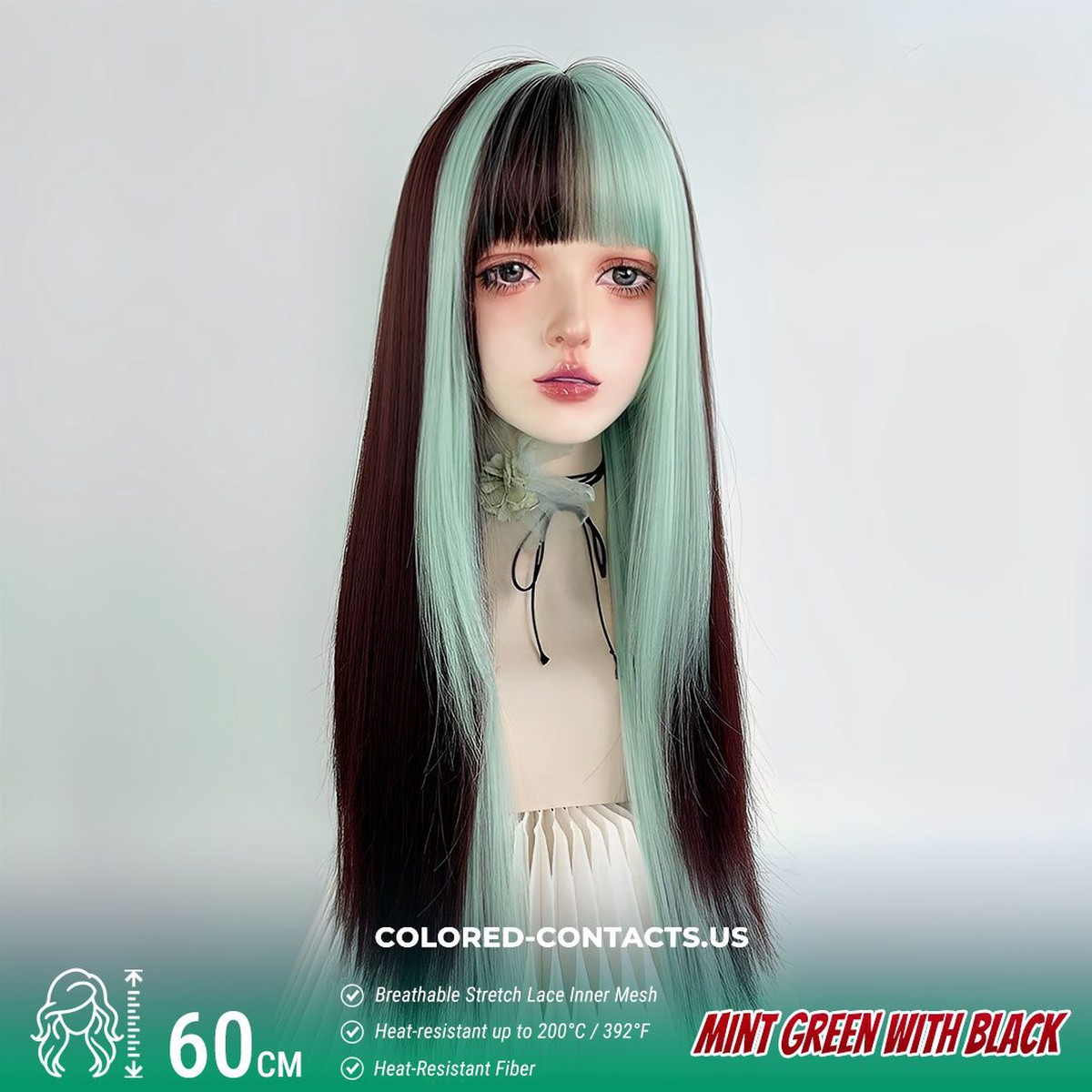 60cm Mint Green with Black Highlights - Straight Cut with Full Bangs
